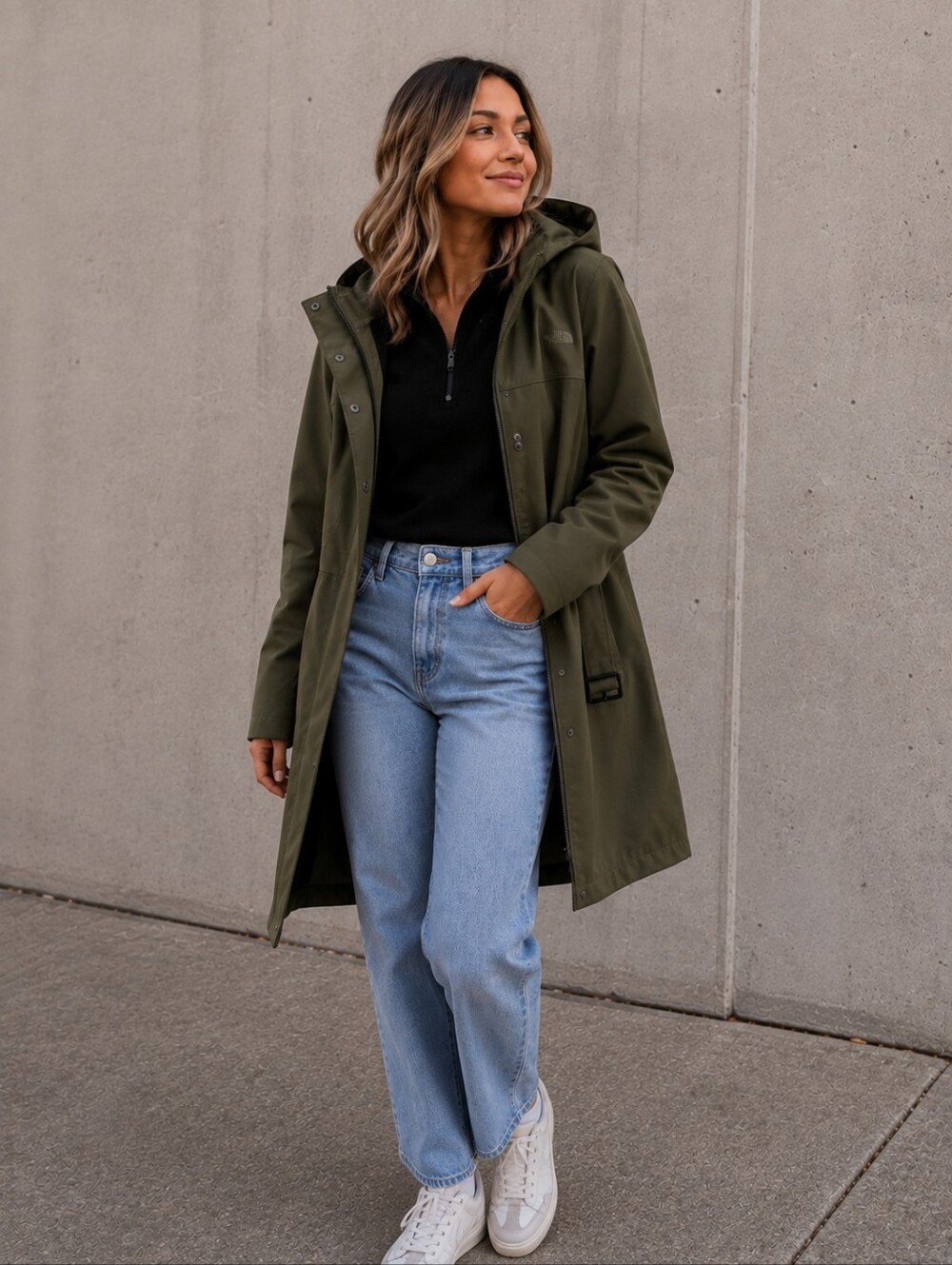 The North Face Olive Hooded Trench Coat Jacket with Belt
